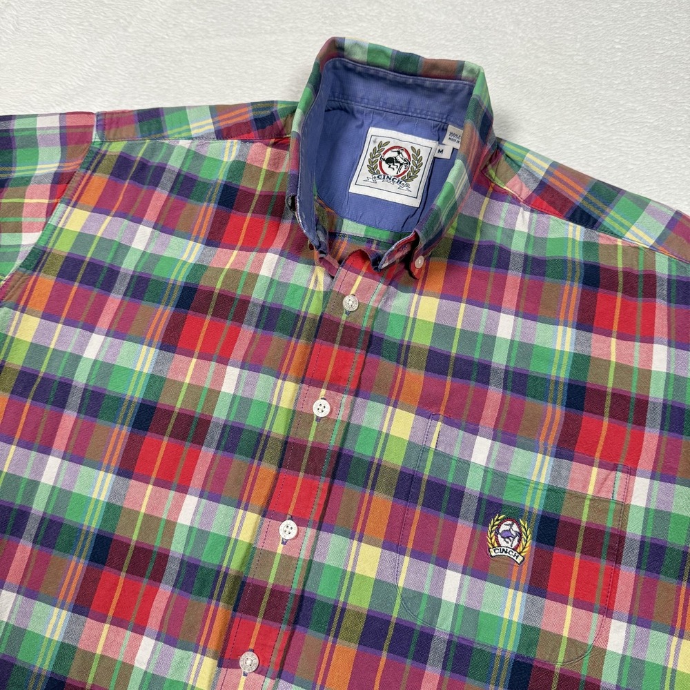 Cinch Shirt Mens Medium Multicolor Plaid Short Sleeve Button Down Madras Western